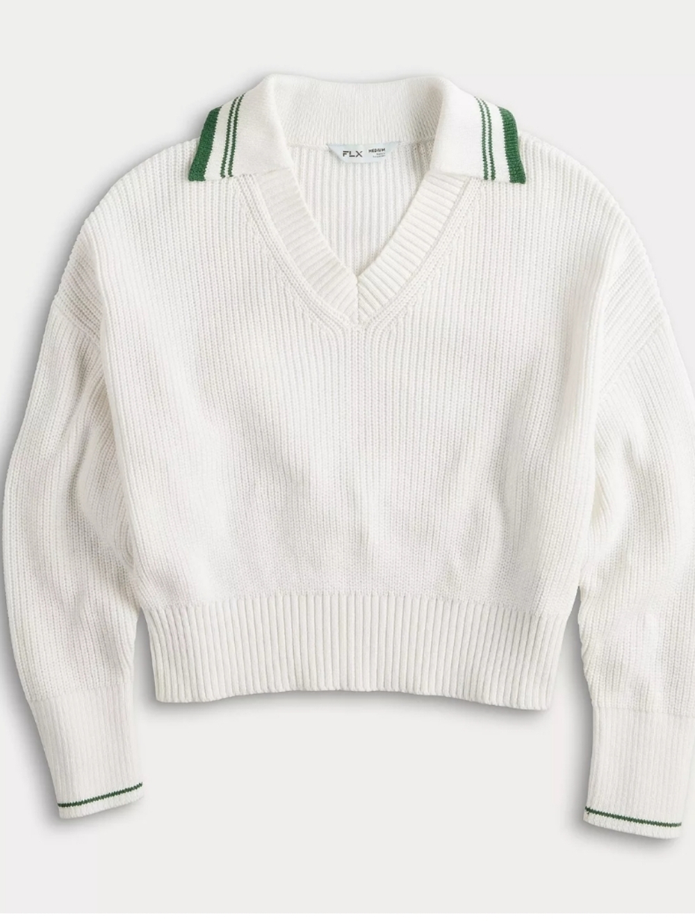 FLX Tennis Club Sweater Knit V-Neck Cropped Pullover size Small 100% Cotton